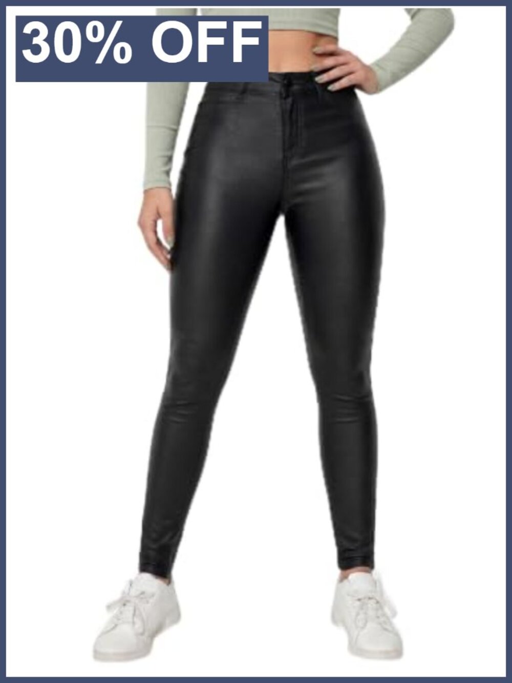 Faux Leather Pants Mid Waist Skinny Leggings Pull On with Pockets